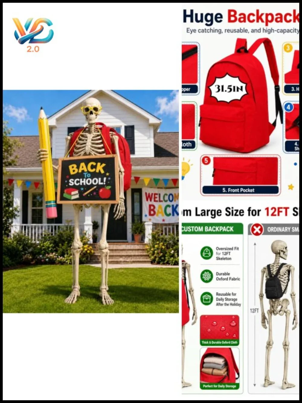 12FT Skeleton Back to School Outfit Kit - Schoolbag, Sign, Glasses & Pencil